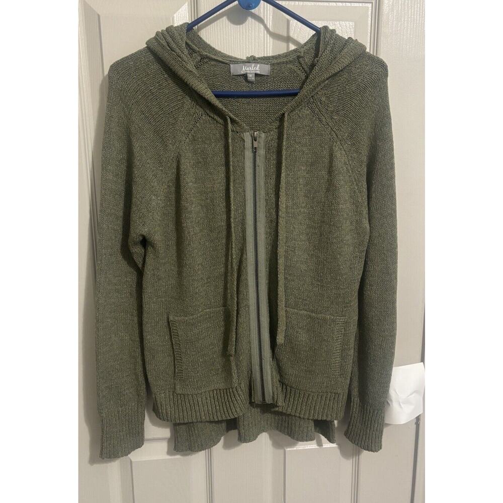 Green Marled Knit Hoodie Full Zip Sweater Womens‎ Medium Cozy